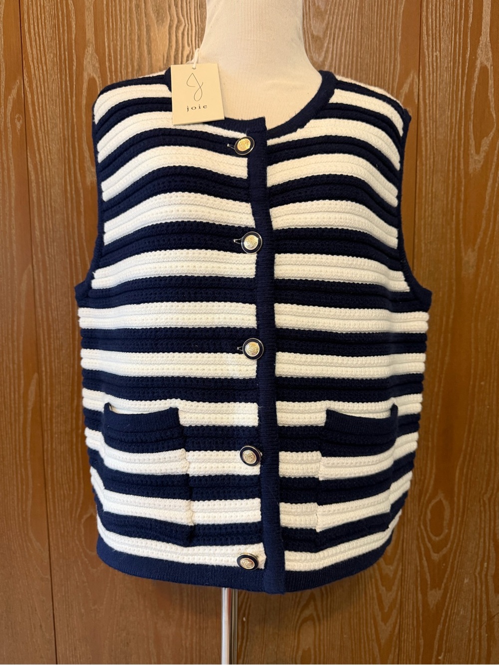 Joie nautical Navy & White Striped Knit Sleeveless Cardigan Vest New